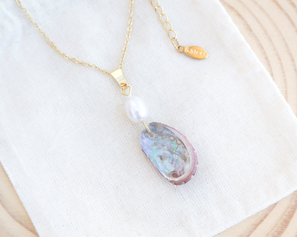 Tiny Abalone Shell Pearl Gold Necklace on cotton display, Tiny Abalone Shell from Portugal, Green Ormer Shell, Sea by Lou, Shell and freshwater pearl necklace