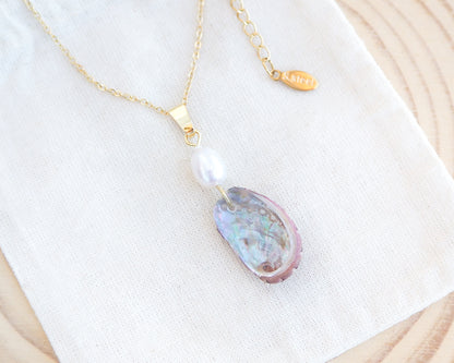 Tiny Abalone Shell Pearl Gold Necklace on cotton display, Tiny Abalone Shell from Portugal, Green Ormer Shell, Sea by Lou, Shell and freshwater pearl necklace