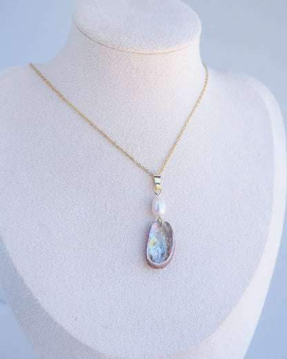 TINY ABALONE SHELL PEARL NECKLACE ~ Ivory White Pearl II