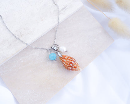 OCEANIC TRIO SILVER NECKLACE - Blue Pearl Rustic Dove Shell