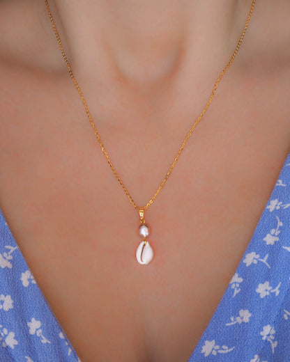 Gold Cowrie Shell Pearl Necklace, Champagne Freshwater Pearl on neck 