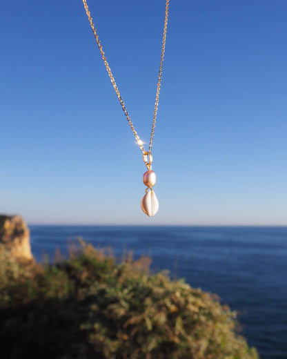 Gold Cowrie Shell Pearl Necklace, Champagne Freshwater Pearl outside in Portugal