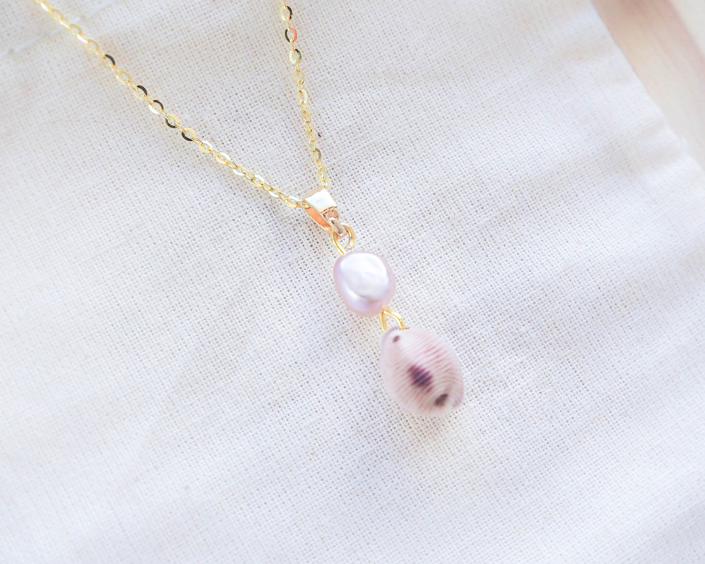 18K Gold-Plated 925 Silver Necklace with Freshwater Pearl and European Cowrie Shell Pendant - Sea by Lou Ocean Inspired Jewelry