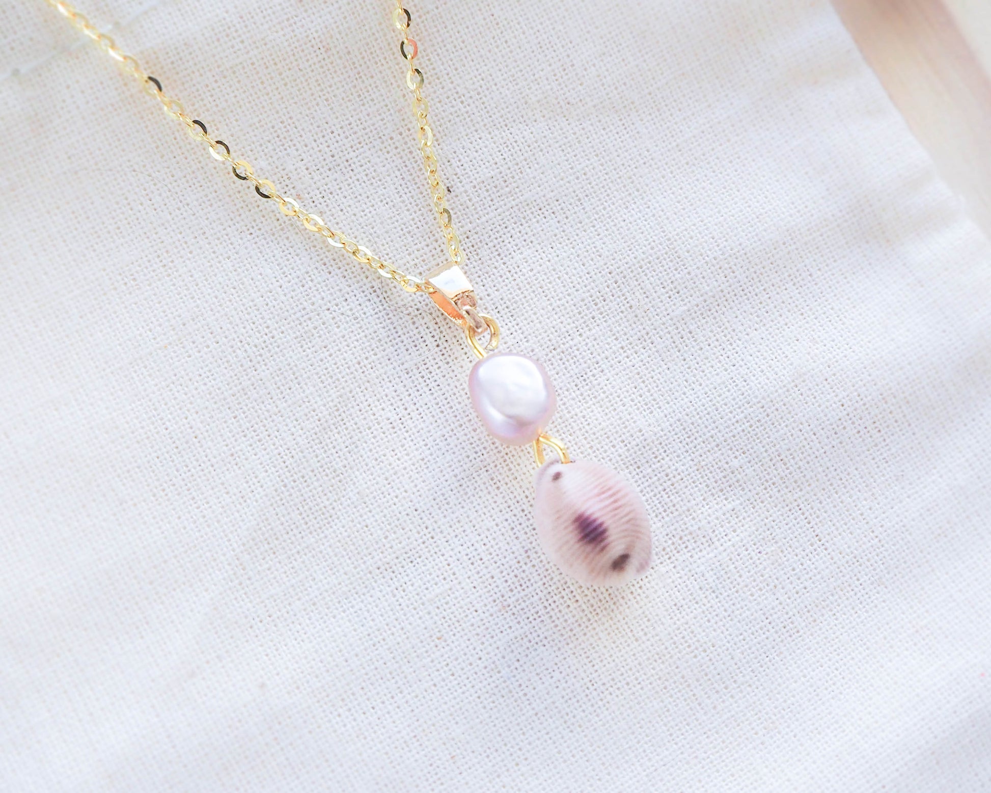 18K Gold-Plated 925 Silver Necklace with Freshwater Pearl and European Cowrie Shell Pendant - Sea by Lou Ocean Inspired Jewelry
