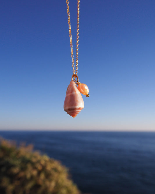 18K Gold-Plated 925 Silver Necklace with Freshwater Pearl and Cone Shell Pendant - Sea by Lou Ocean Inspired Jewelry