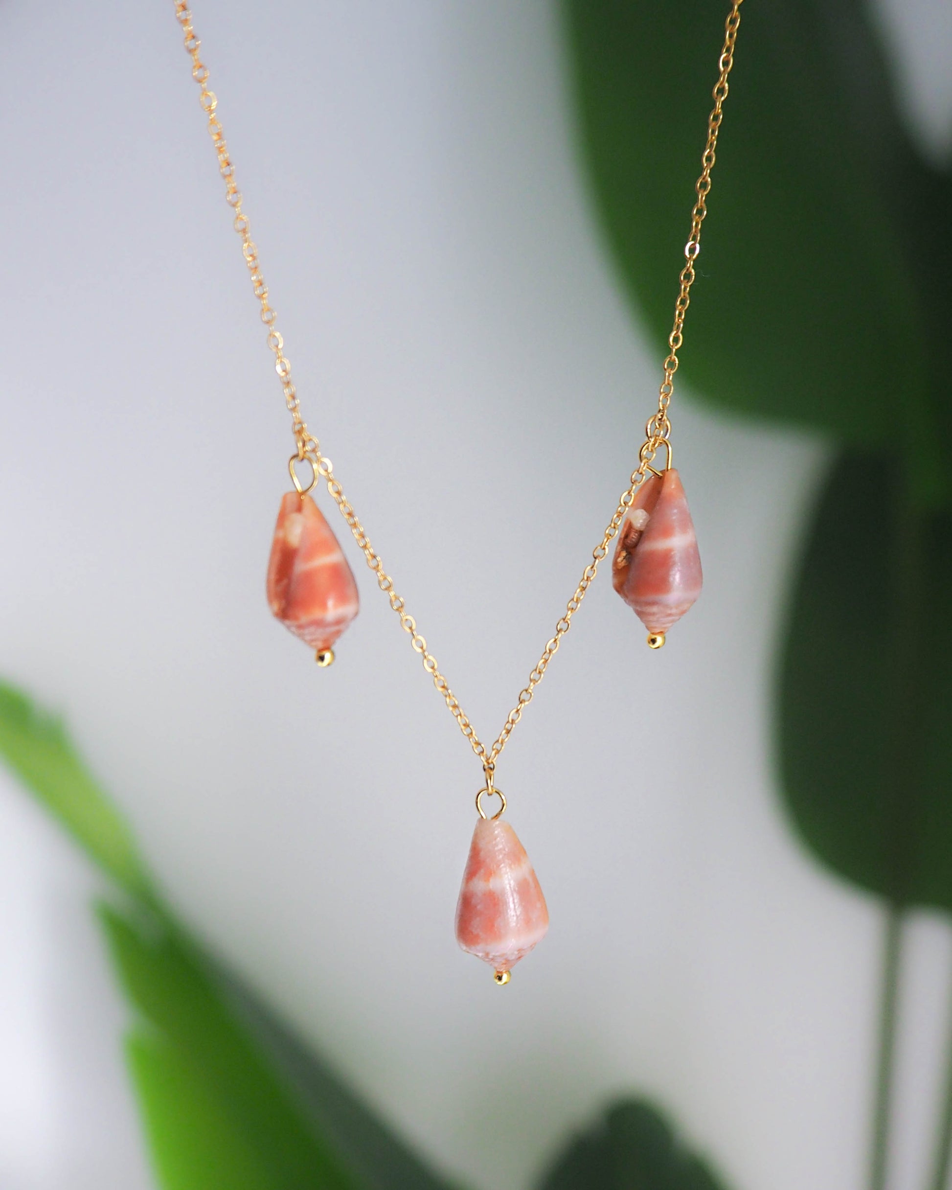 Sea by lou Close-up of Tiny Mediterranean Cone Shells: Detailed view of three tiny Mediterranean Cone Shells delicately adorning the gold stainless steel necklace.