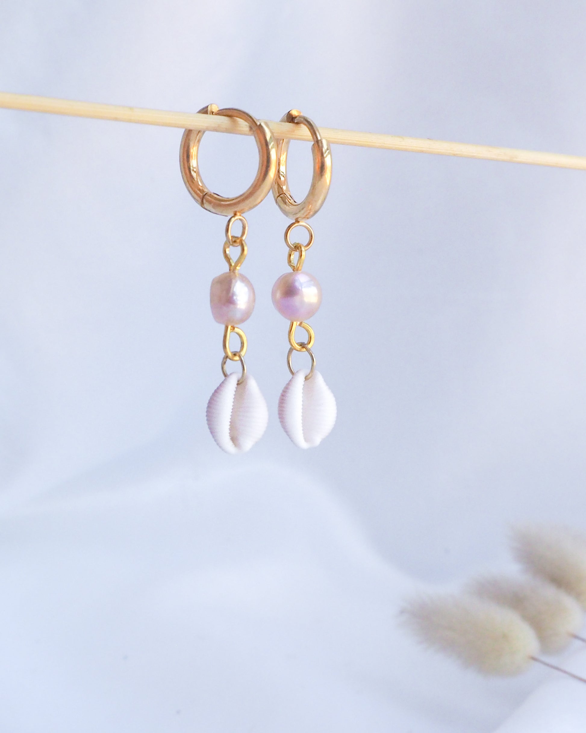 Cowrie Shell with Pink Pearl Gold Earrings