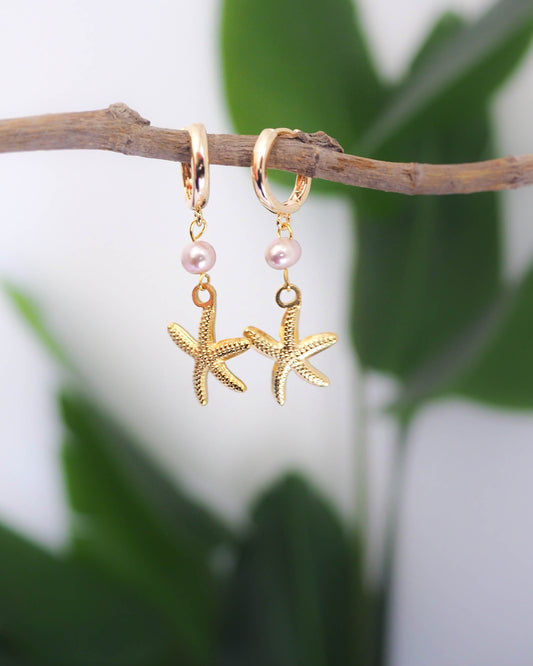 Gold Sea Star Stainless Steel Earrings with Freshwater pearl Beads and Golden Sea Star - Ocean Inspired Jewelry