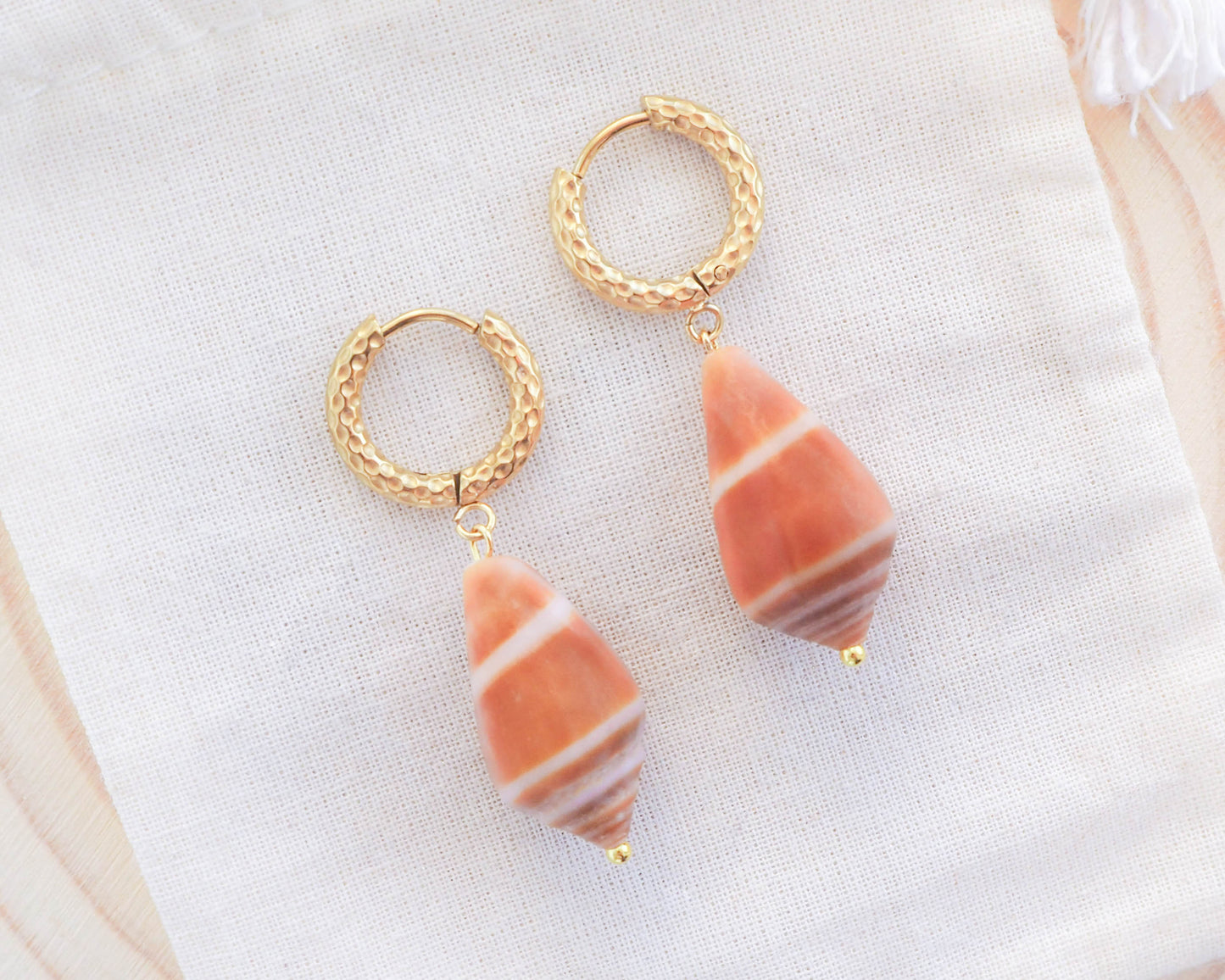 Portuguese Coastal Shell Jewelry: Handpicked Mediterranean Cone Shell Earrings with Gold Stainless Steel Loop Hooks, Ocean Inspired Jewelry