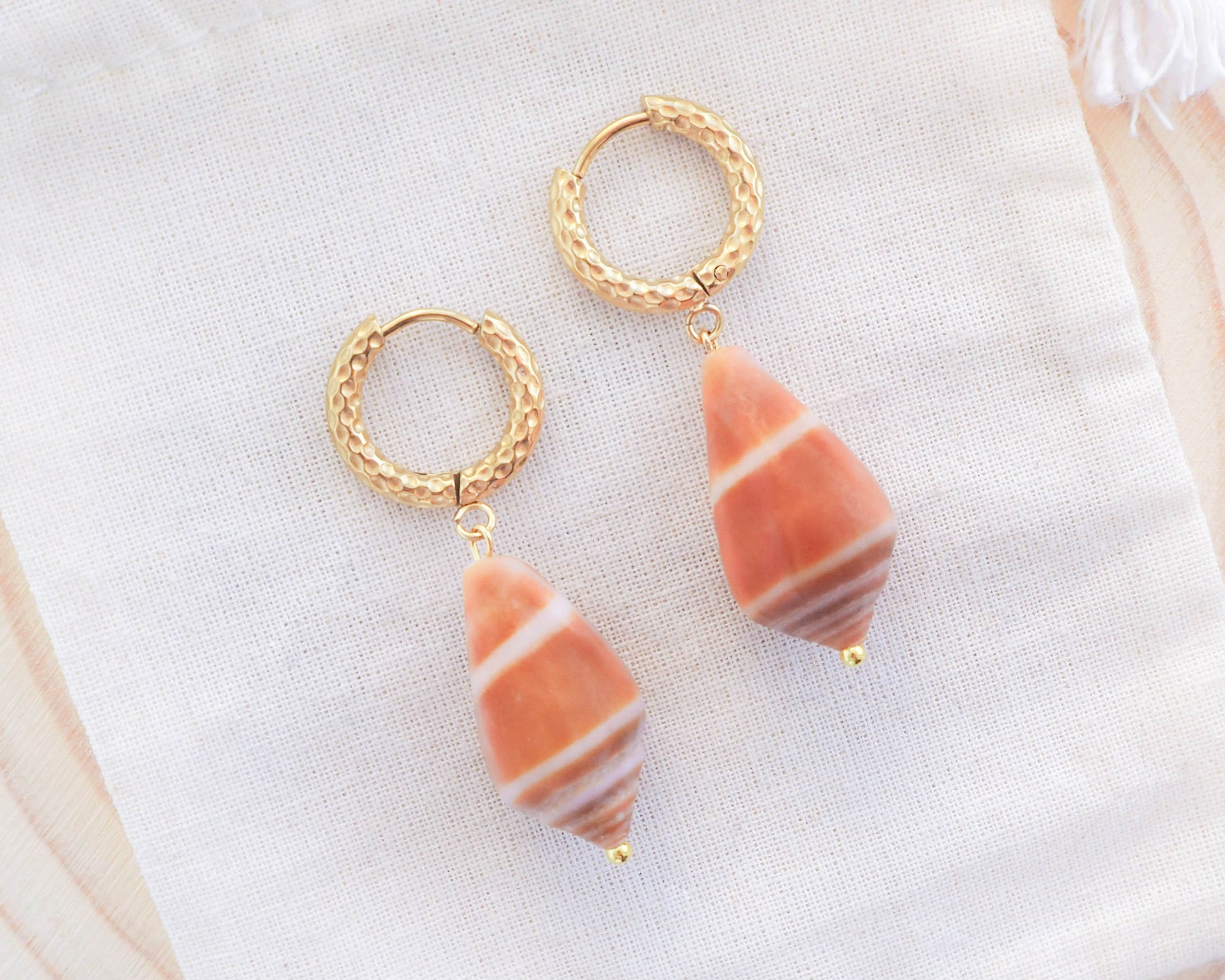 Portuguese Coastal Shell Jewelry: Handpicked Mediterranean Cone Shell Earrings with Gold Stainless Steel Loop Hooks, Ocean Inspired Jewelry
