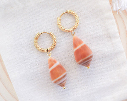 Portuguese Coastal Shell Jewelry: Handpicked Mediterranean Cone Shell Earrings with Gold Stainless Steel Loop Hooks, Ocean Inspired Jewelry