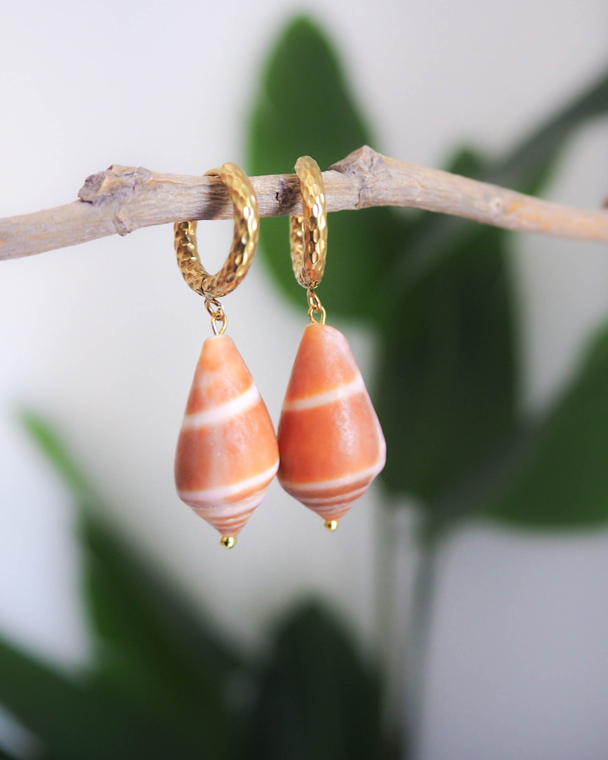 Boho Beach Style: Mediterranean Cone Shell Earrings with Gold Loop Hooks – Ocean Inspired Jewelry, Shell Jewellery