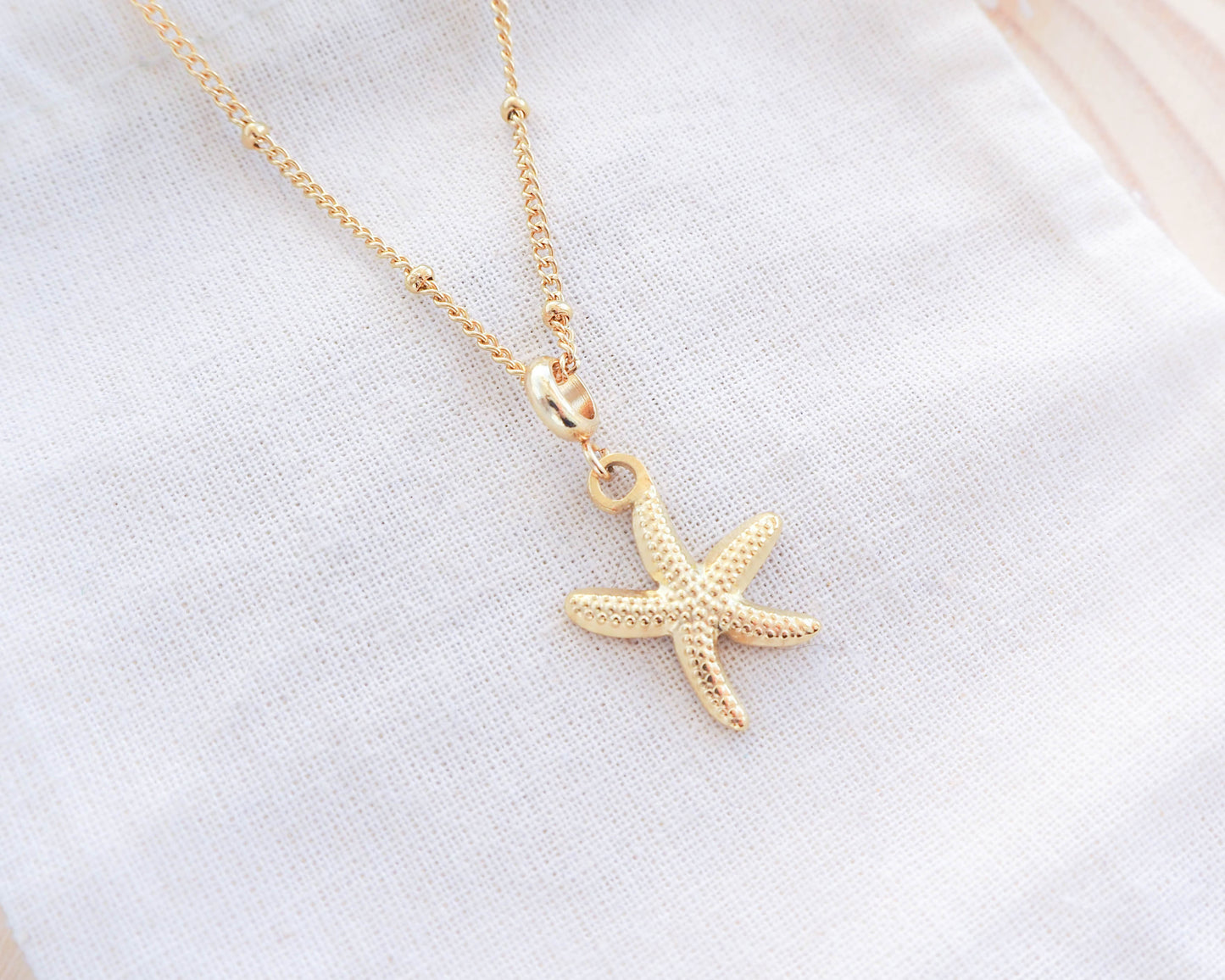 Sea by Lou's Sea Star Gold Necklace – Stainless Steel Coastal Jewelry, Hypoallergenic Elegance for Beach Girls, Sea by Lou, Cuba dots necklace chain, Starfish pendant, close-up