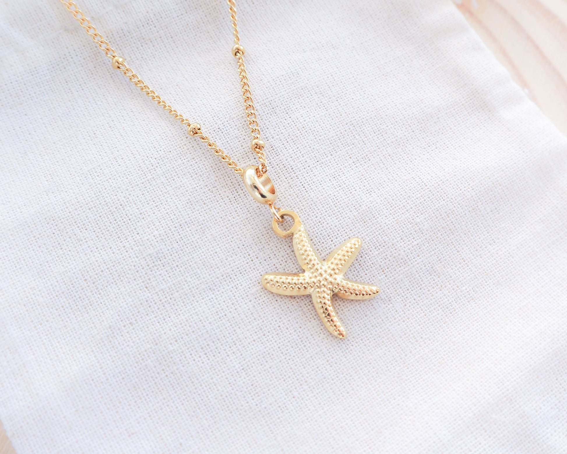 Sea by Lou's Sea Star Gold Necklace – Stainless Steel Coastal Jewelry, Hypoallergenic Elegance for Beach Girls, Sea by Lou, Cuba dots necklace chain, Starfish pendant, close-up