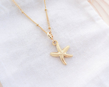 Sea by Lou's Sea Star Gold Necklace – Stainless Steel Coastal Jewelry, Hypoallergenic Elegance for Beach Girls, Sea by Lou, Cuba dots necklace chain, Starfish pendant, close-up