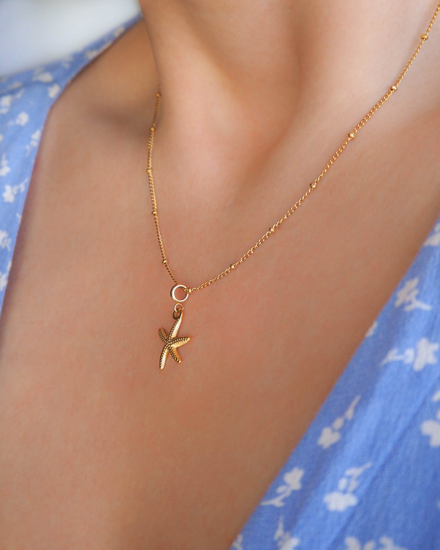 Model wearing Sea Star Gold Necklace – Stainless Steel Hypoallergenic, Wedding Shell Necklace, Beach Wedding Jewelry, Sea by Lou
