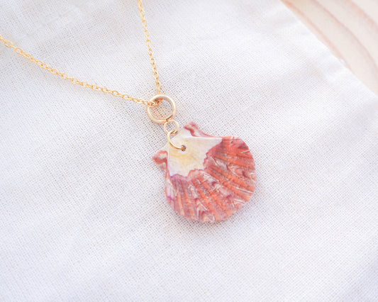 Unique Colored Scallop Shell Pendant on Gold Stainless Steel Chain - Beach-Inspired Jewelry