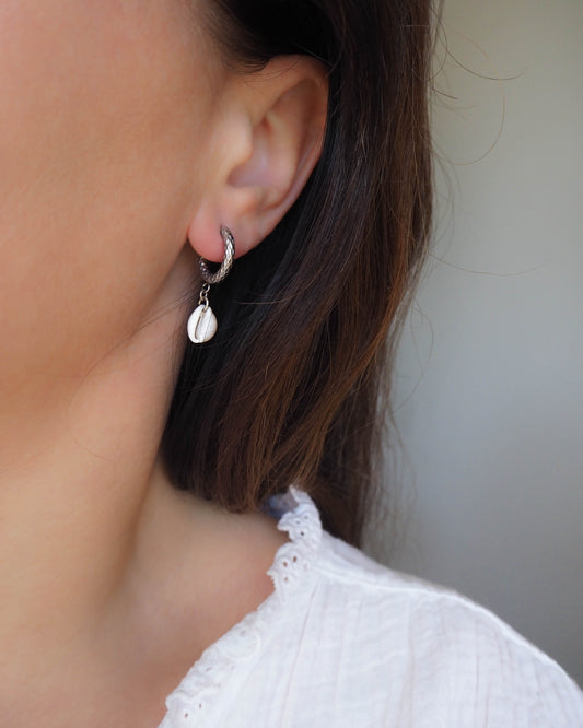 Model wearing Silver Boho Cowrie Shell Earrings – Seaside Chic Jewellery, Sea by Lou, Ocean Inspired Jewelry Portugal