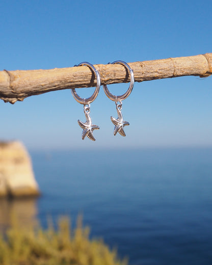 Starfish-shaped earrings hanging from a branch with a scenic ocean background