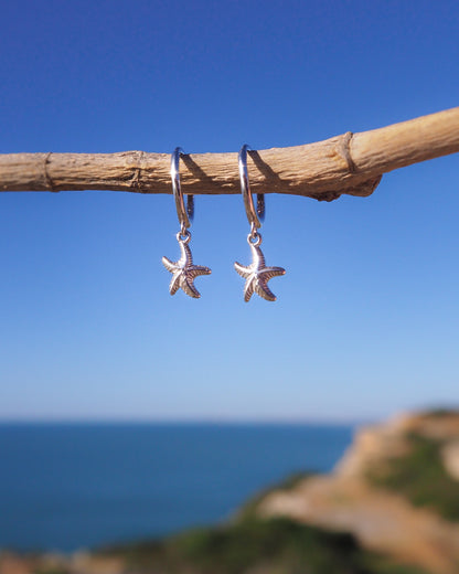 Starfish-shaped earrings hanging from a branch with a blue sky and ocean background