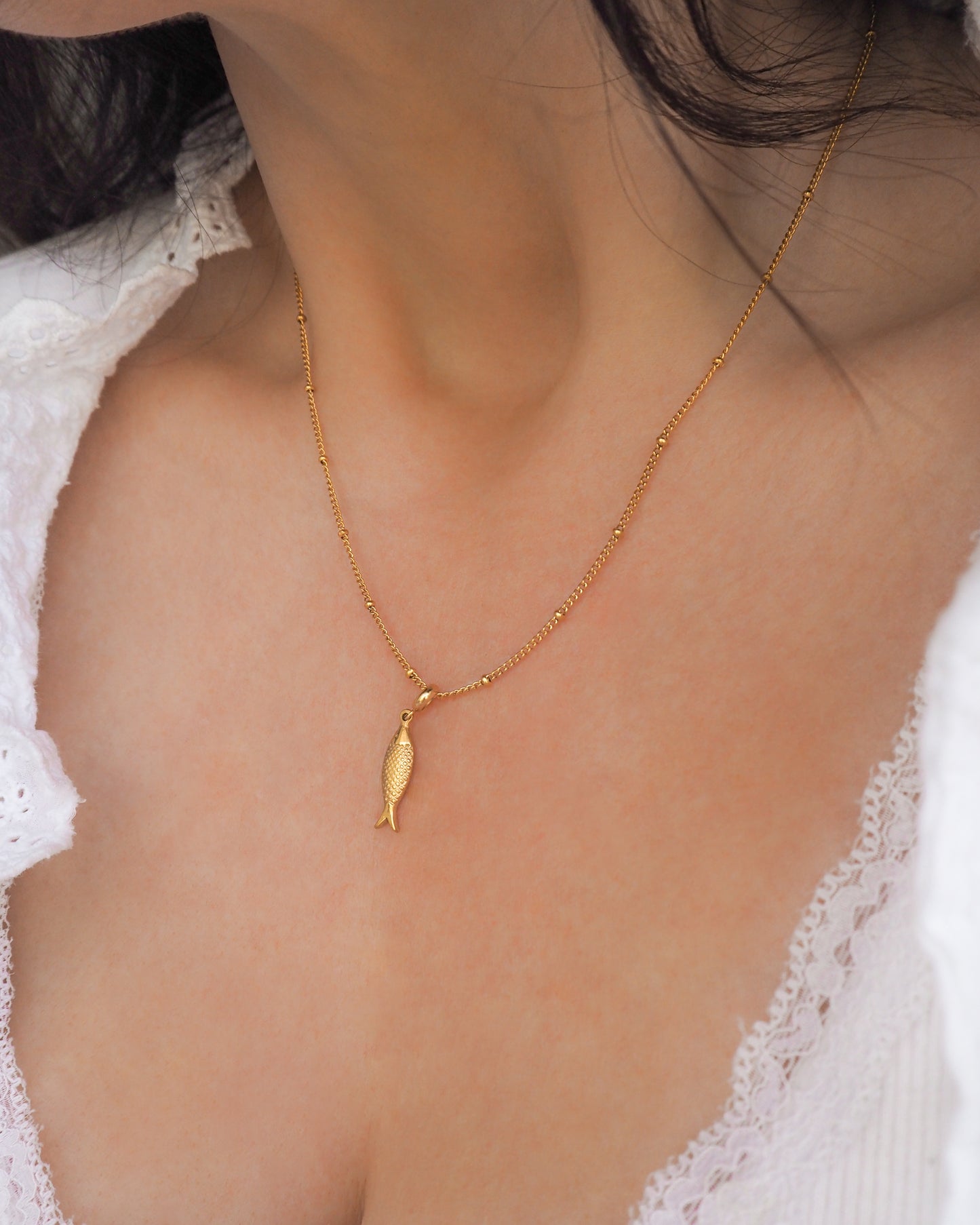 Gold Portuguese Sardine Necklace, Fish Necklace from Portugal side view