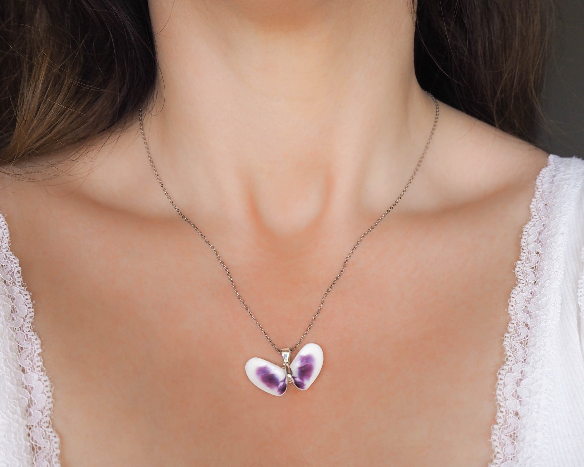 Purple Coquina Shell Butterfly Silver Necklace on model