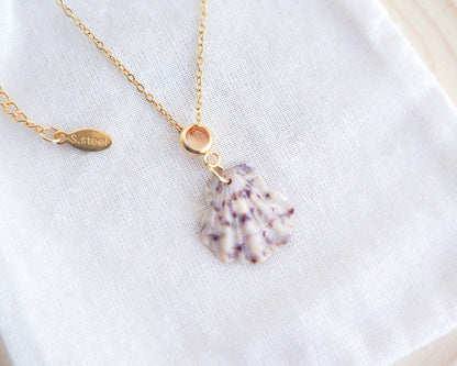 Leopard Scallop Shell Gold Necklace, Real Shell from Algarve, Portugal. Scallop Shell Necklace, Stainless Steel chain, Animal Print Seashell