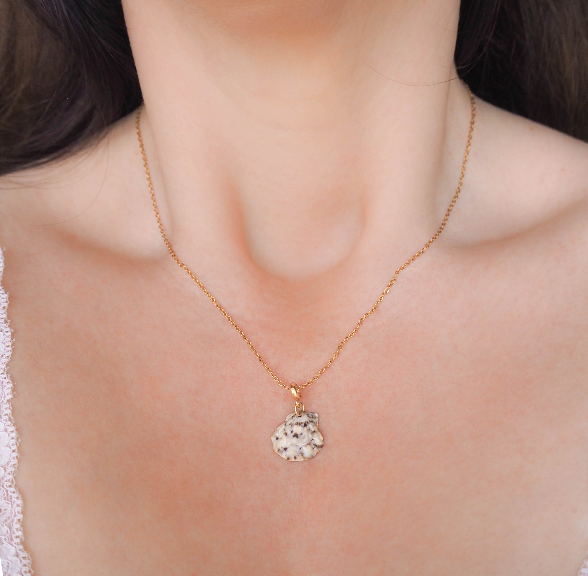 Model wearing Animal Print Shell Gold Necklace, Real Shell from Algarve, Portugal. Scallop Shell Necklace, Stainless Steel chain, Cheetah Colors