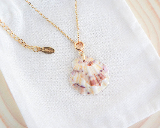Brown Lion Scallop Shell Gold Necklace, Real Shell from Algarve, Portugal. Scallop Shell Necklace, Stainless Steel chain, Animal Print Seashell