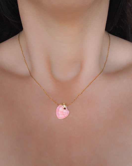 Gold Pink Shell Necklace on model, Strawberry Swirl Shell, Sea by Lou, ocean inspired jewelry