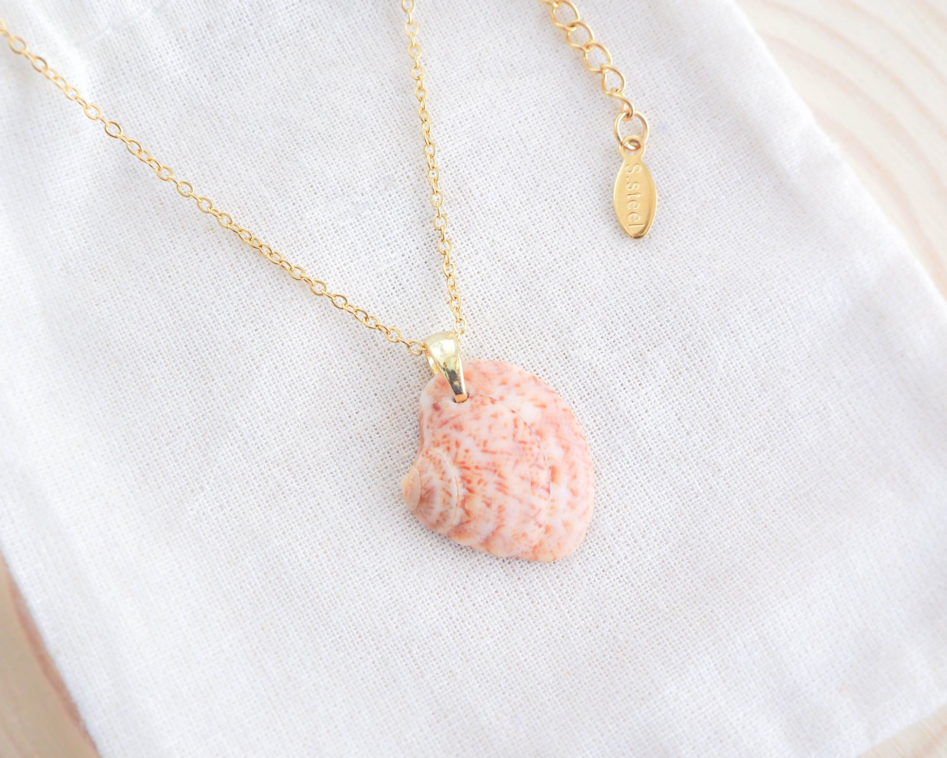 Pink Peach Shell from Portugal, Sea by Lou, Coastal Style, Stainless Steel Necklace