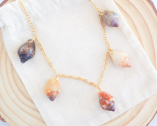 Shell Charm Necklace with 5 Rustic Dove Shells from Portugal on display, Beach Girl Jewelry, Special Gift from Portugal, Ocean Inspired Jewellery by Seabylou