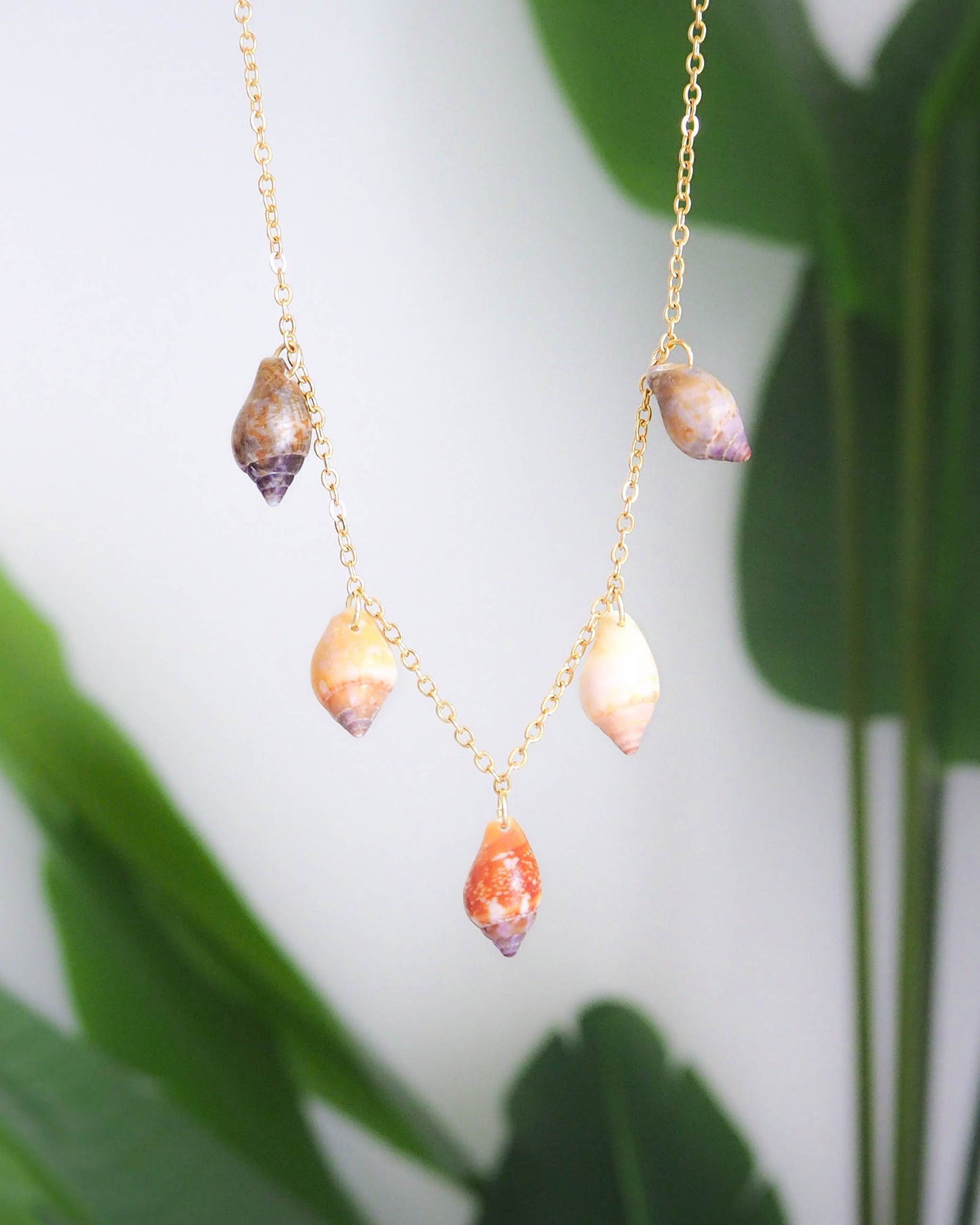 Gold Charm Shell Necklace with 5 real shells from Algarve, Portugal. Seabylou Coastal Jewelry, Necklace with Real Shells
