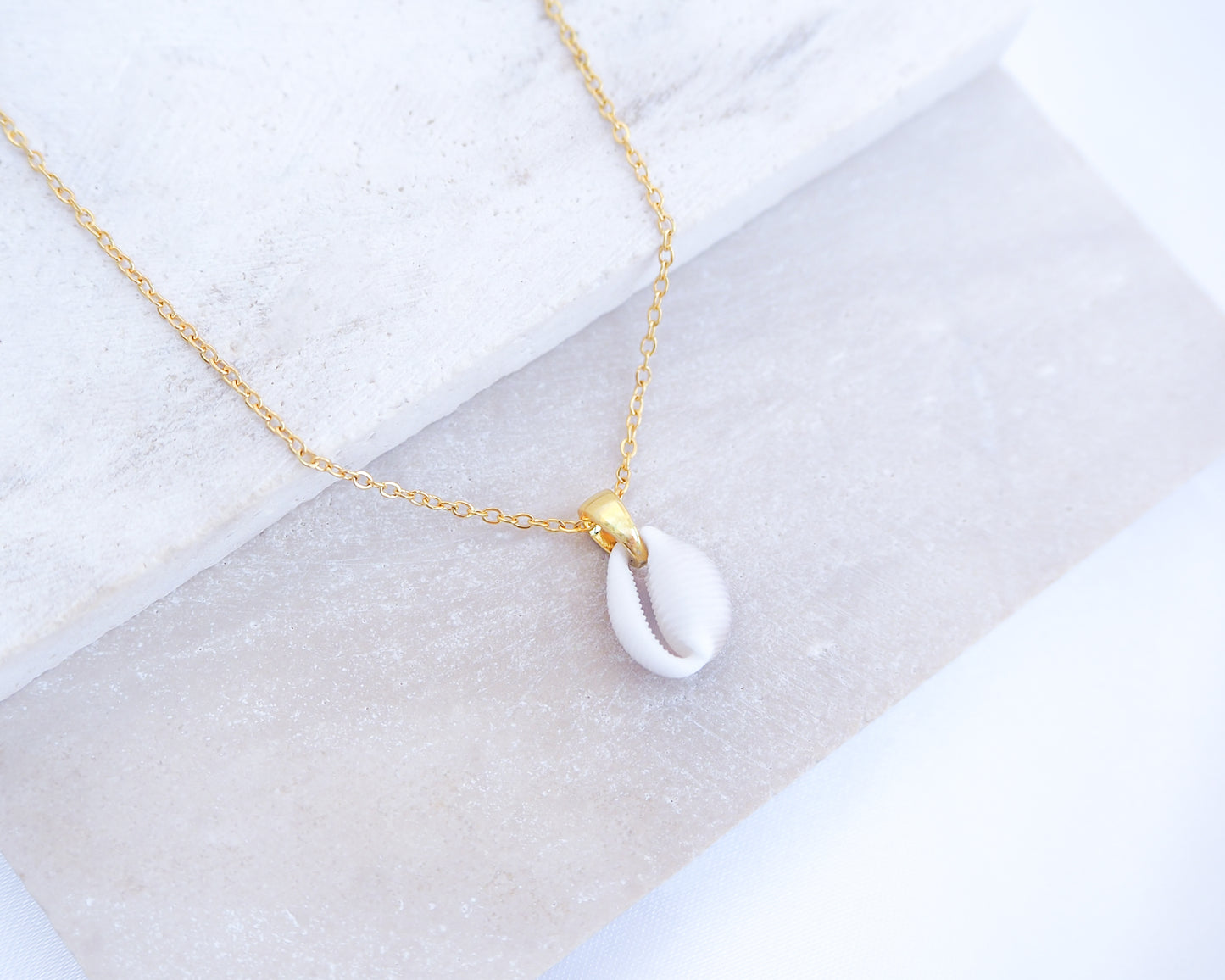 Gold necklace with a tiny white cowrie pendant on a light gray background. Tiny Cowrie Shell Gold Necklace, European Cowrie Shell Necklace, Trivia monacha shell, Portuguese cowrie shell jewelry
