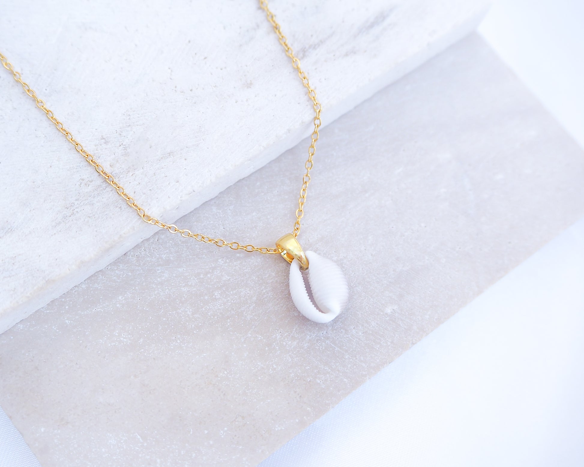 Gold necklace with a tiny white cowrie pendant on a light gray background. Tiny Cowrie Shell Gold Necklace, European Cowrie Shell Necklace, Trivia monacha shell, Portuguese cowrie shell jewelry