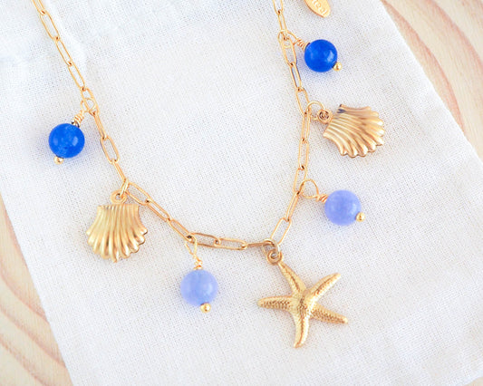 Sea Star and Shell Charm Ankle Bracelet, Gold Stainless Steel Bracelet, Coastal Summer Jewelry, Beach Girl Gift, Gold Starfish and Shell Anklet, Seabylou