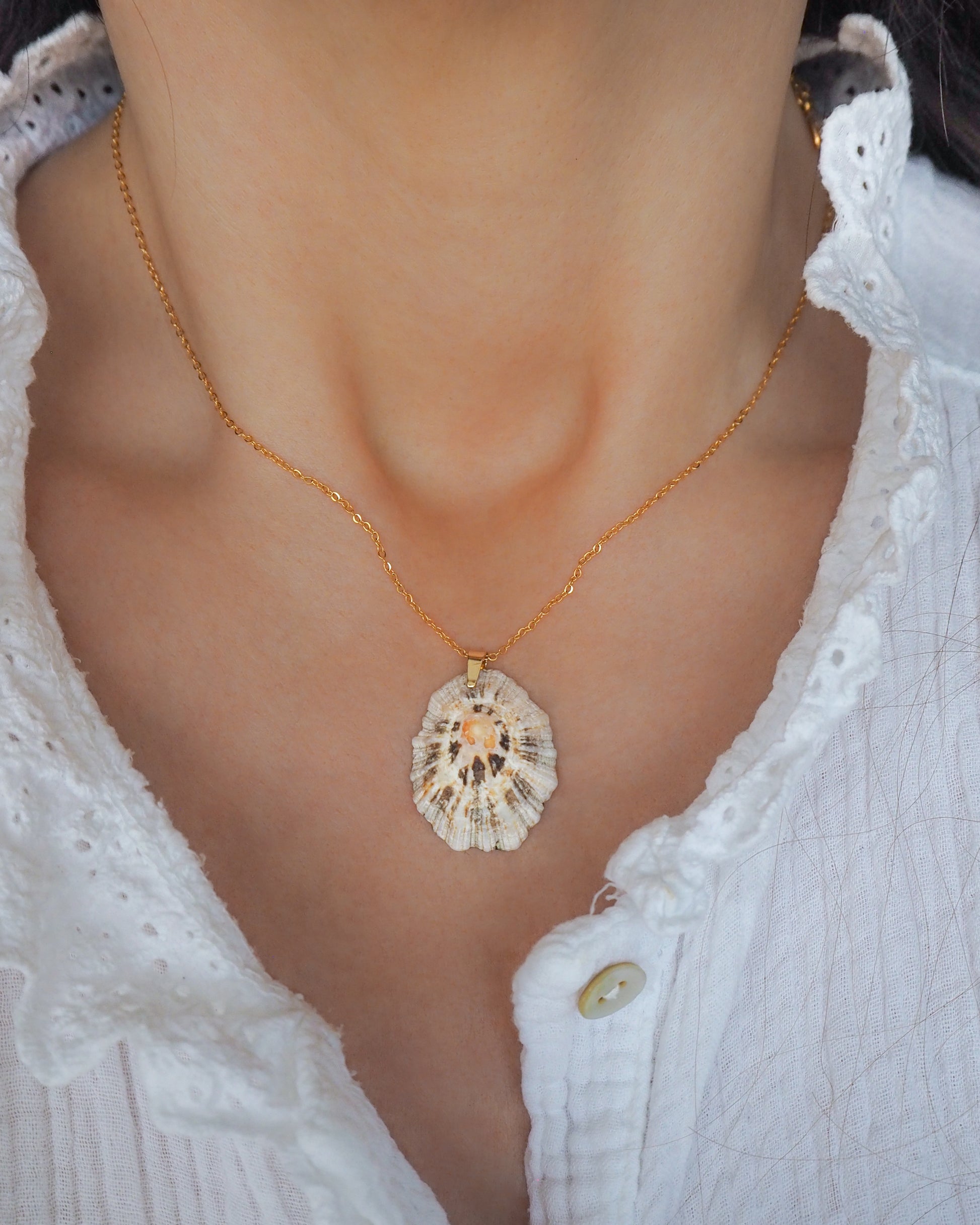 Model wearing Limpet Shell Necklace with Gold Stainless Steel Chain, Ocean Inspired Jewelry, Sea by Lou