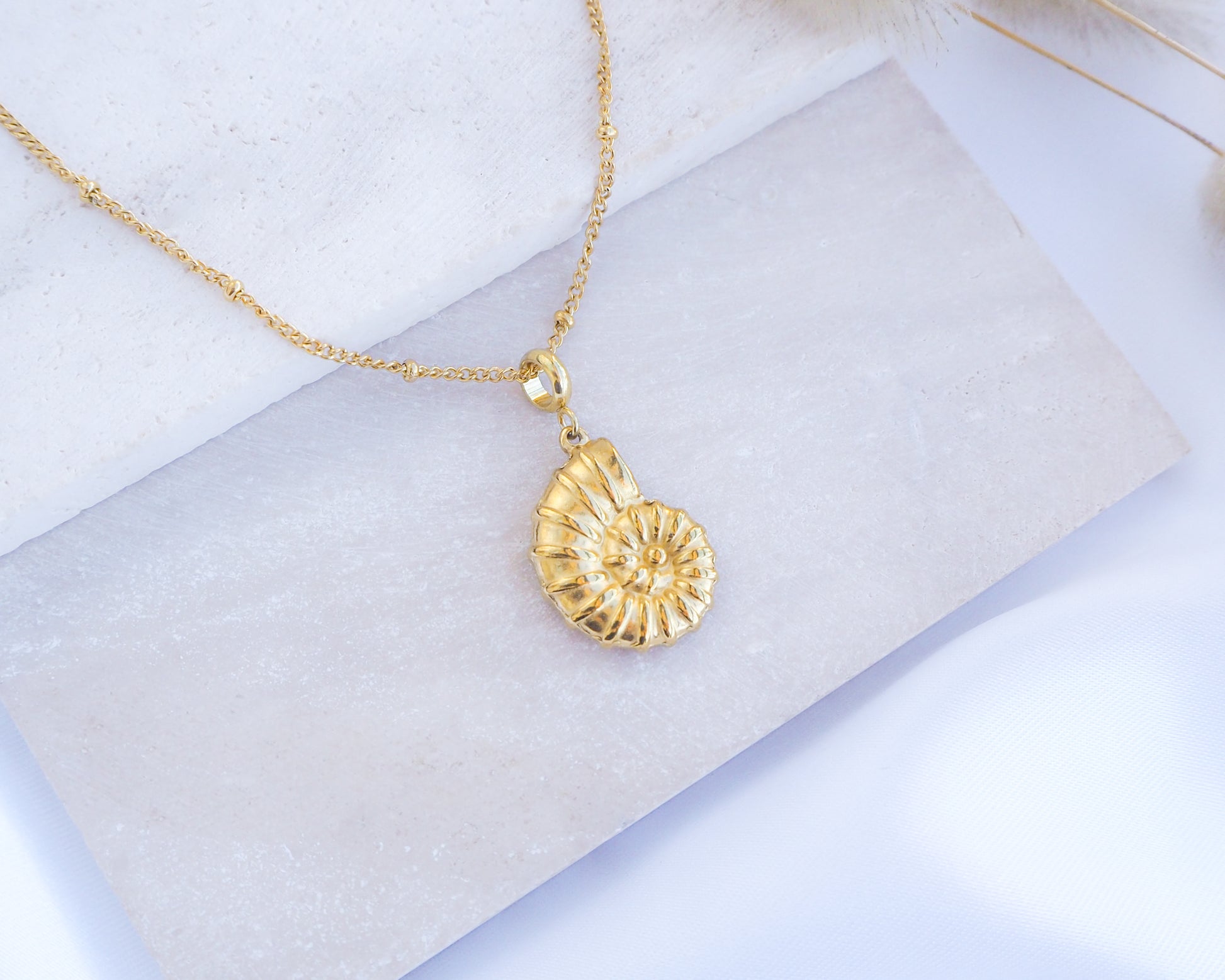Gold necklace with a seashell pendant on a light gray background. Gold Nautilus Shell Necklace made with premium 18k gold stainless steel. Nautilus pendant charm. 