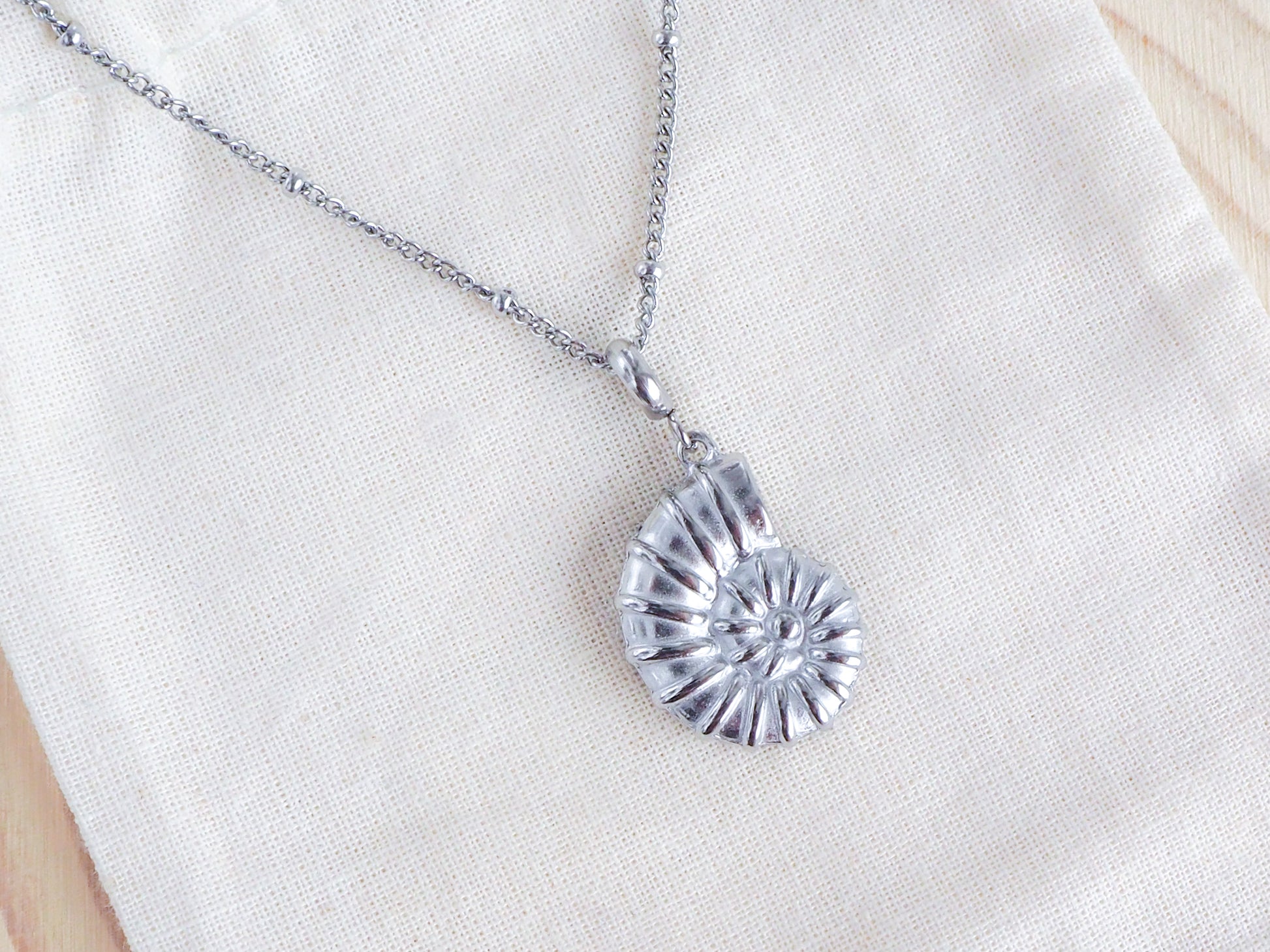Silver Nautilus Seashell Necklace, Seabylou pendant on display