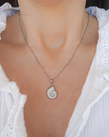 Silver Nautilus Seashell Necklace, Seabylou pendant on neck 