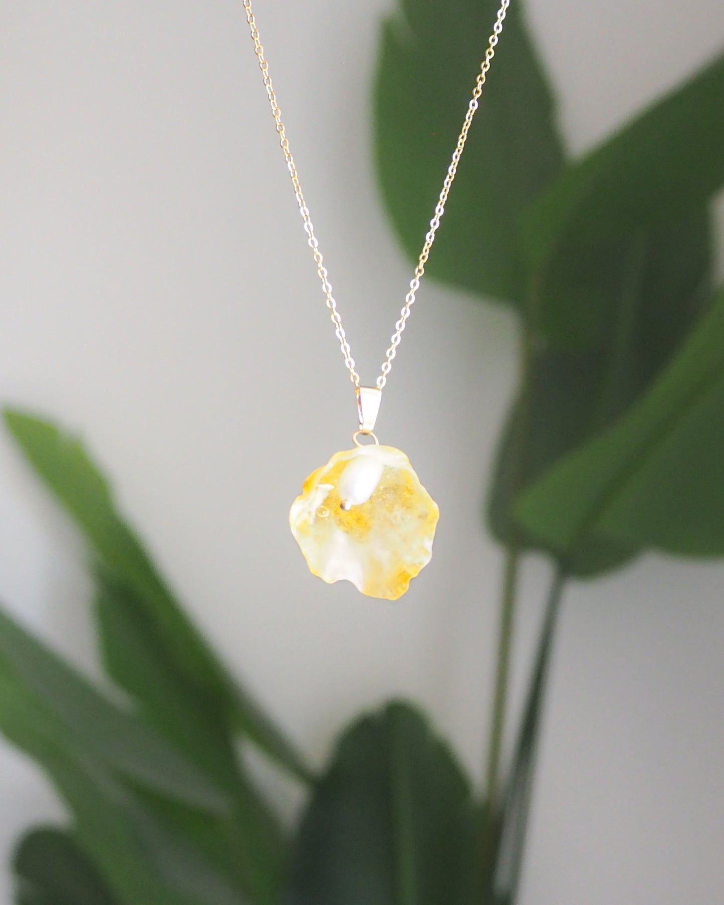 Gold Yellow Jingle Shell Necklace front view, Mother of Pearl Pendant