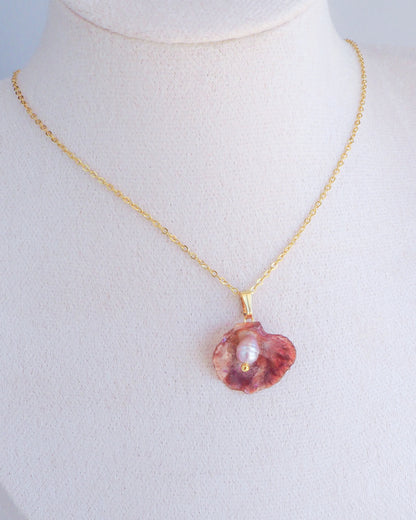 Fuchsia Pink Jingle Mother of Pearl Shell Necklace with Gold Chain on neck display