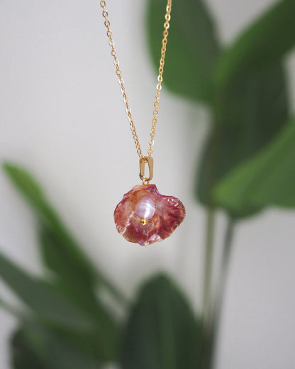 Fuchsia Pink Jingle Mother of Pearl Shell Necklace with Gold Chain