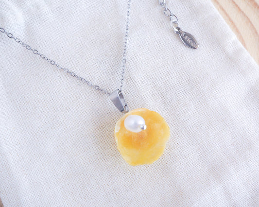 Yellow Jingle Shell Silver Necklace, Mother of Pearl Pendant