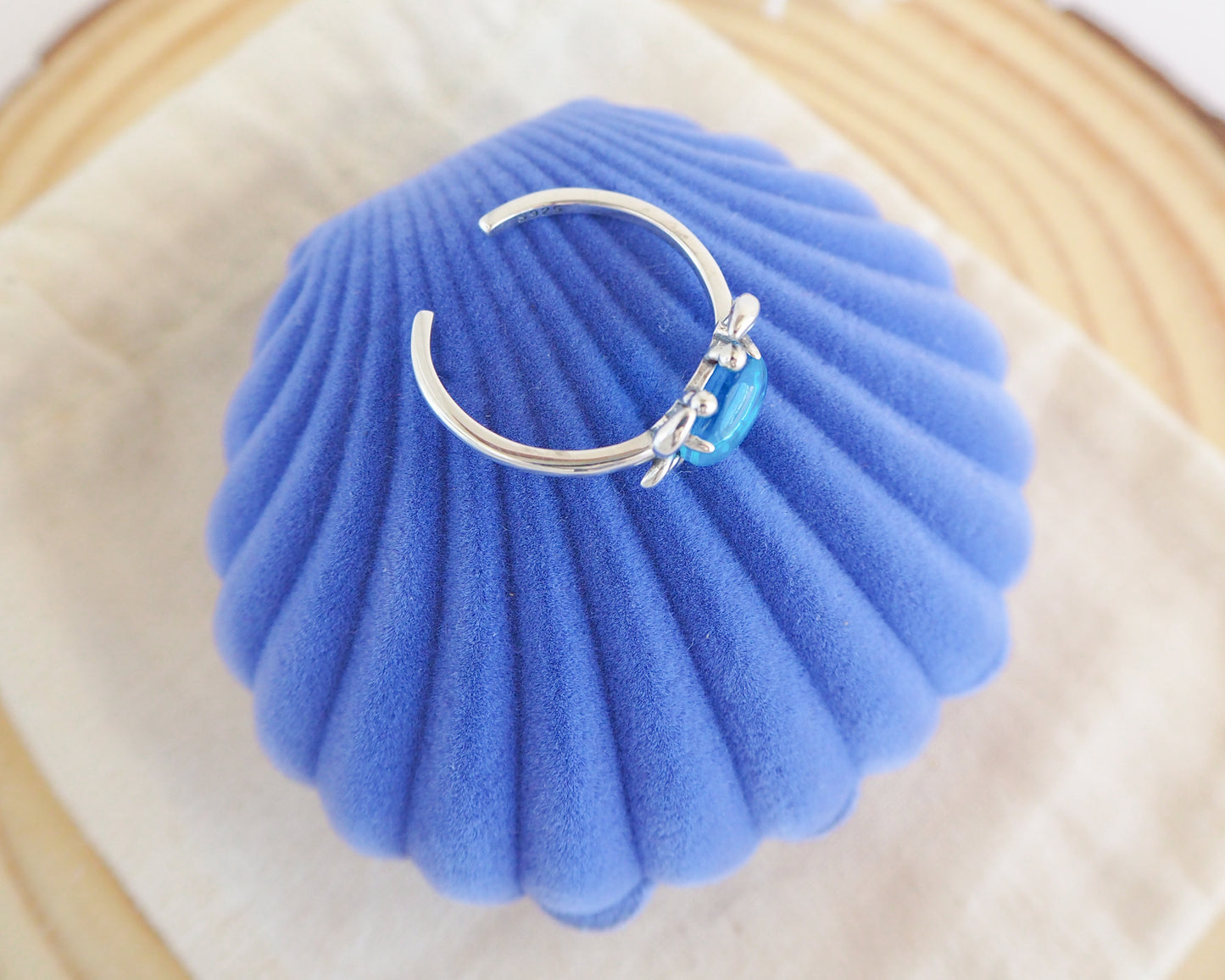 Crab Ring 925 Sterling Silver with Blue Sea Glass on display