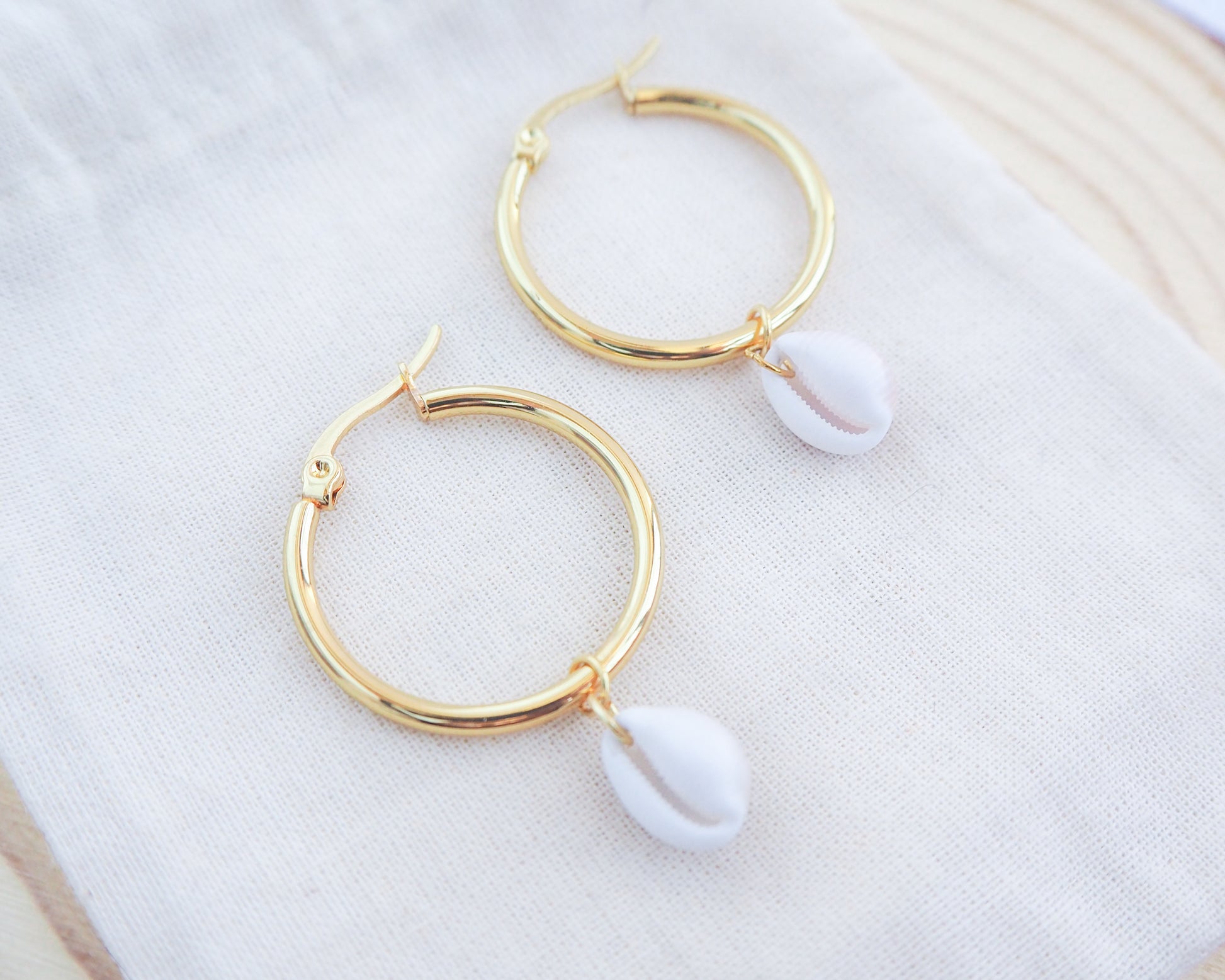 COWRIE SHELL EARRINGS Gold Hoops