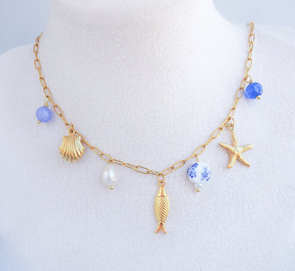 Portuguese Sardine Azulejo Gold Necklace front view