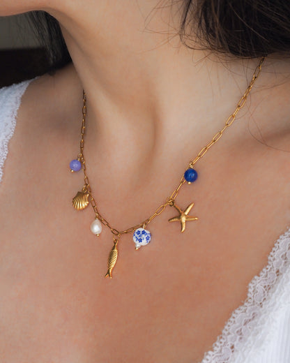Portuguese Sardine Azulejo Gold Necklace on neck model