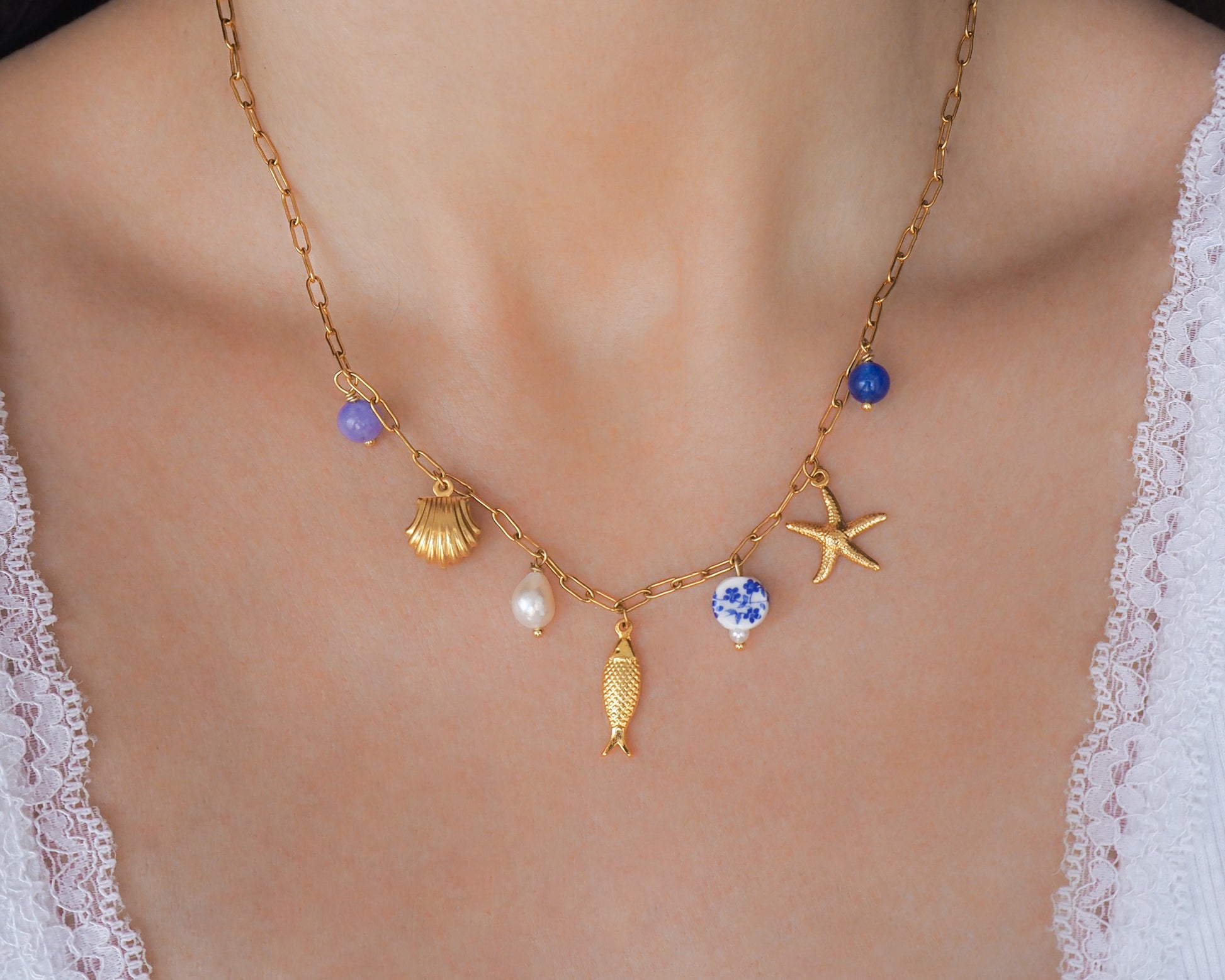 Portuguese Sardine Azulejo Gold Necklace on model front view