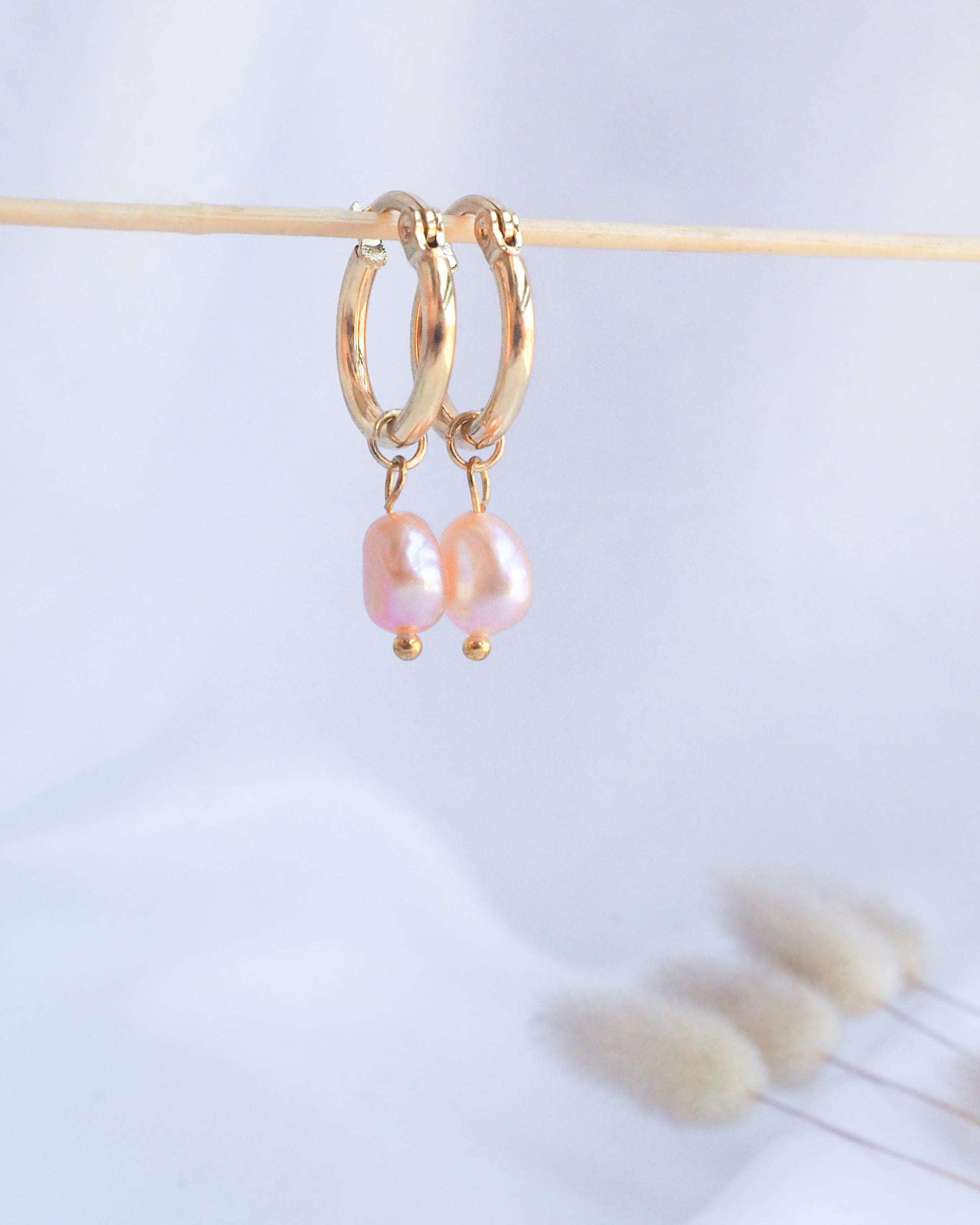 Front view of Gold Rose Freshwater Pearl earrings